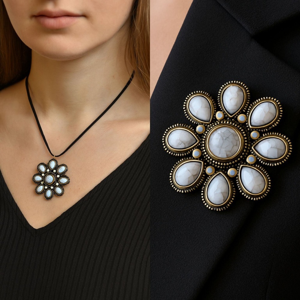 Premier‎ Designs Flower Pendant Brooch Bronze Tone Cabochon Statement Jewelry